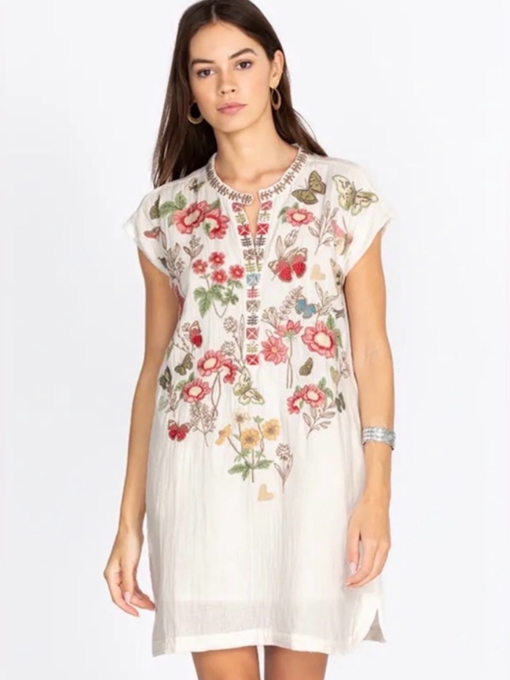 Johnny Was Annalise Embroidered Floral Cotton Gauze Tunic Dress